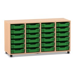 Flexeo Regal PRO, Buche hell, 4 Reihen, 24 kleine Boxen dunkelgr�n, Rollen