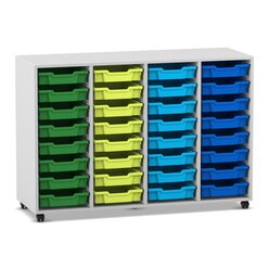 Flexeo Regal PRO, Dekor grau, HxBxT: 99,1x143,9x48 cm, 4 Reihen, 32 kleine Boxen bunt B, Rollen