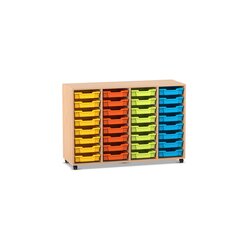 Flexeo Regal PRO, Buche hell, HxBxT: 99.1 x 143.9 x 48 cm, mit 4 Reihen und 32 kleinen Boxen bunt A, Sockel