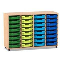 Flexeo� Regal PRO, Buche hell, HxBxT: 99.1 x 143.9 x 48 cm, 4 Reihen, 32 kleine Boxen bunt B, Rollen