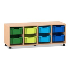 Flexeo Regal PRO, Eiche natur, HxBxT: 54.3x143.9x48 cm, 4 Reihen, 8 gro�e Boxen bunt B, Rollen