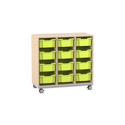 Flexeo Regal Pro mit Stahlrahmen, Dekor Ahorn honig, HxBxT: 104,1 x 108,5 x 48 cm, 3 Reihen, 12 Boxen gr�n, Rollen