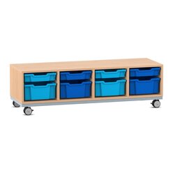 Flexeo� Sitzregal PRO Buche hell, Stahlrahmen, 4 Reihen, je 4 gro�e und kleine Boxen hellblau/dunkelblau, Rollen