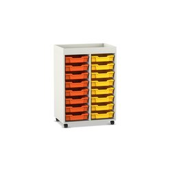 Flexeo Regal PRO, Dekor wei�, 2 Reihen, 16 kleine Boxen gelb/orange, Aufkantung, HXBXT: 105,6 x73 x 48 cm, Rollen