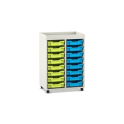 Flexeo Regal PRO, 2 Reihen, Dekor wei�, 16 kleine Boxen gr�n/blau, Aufkantung, HxBxT: 105,6 x 73 x 48 cm, Rollen