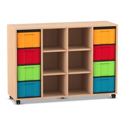Flexeo Regal, Buche hell, 4 Reihen, 8 gro�e Boxen bunt, 6 F�cher mittig, HxBxT: 92,3 x 130,7 x 40,8 cm, Rollen