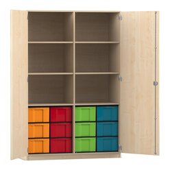 Flexeo Hochschrank mit 6 F�chern, Ahorn honig, HxBxT: 190x126,4x60 cm, 12 gro�en Boxen bunt, Bogengriff mit Schloss