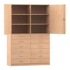 Flexeo Hochschrank, Buche hell, HxBxT: 190x126,4x50 cm, 12 kleine Schubladen, Dreholive
