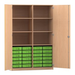 Flexeo� Schrank, Buche hell, 24 kleine Boxen gr�n, 6 F�cher, Mittelwand, 2 T�ren, HxBxT: 190 x 126,4 X 50 cm, Schloss