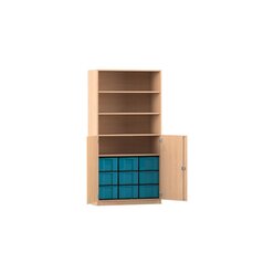 Flexeo� Schrank, Buche hell, 9 gro�e Boxen blau, 4 F�cher, 2 Halbt�ren, HxBxT: 190x94,5x50 cm, Bogengriff mit Schloss