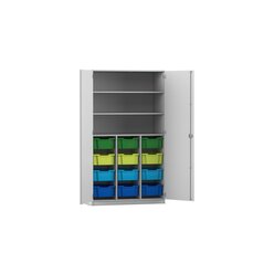 Flexeo Hochschrank mit Dreht�ren, Dekor lichtgrau, HxBxT: 190x108,1x60 cm, 12 gro�e Boxen bunt B