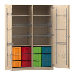 Flexeo Sportschrank, Ahorn honig, HxBxT: 190 x 126,4 x 60 cm, 4 Gitterk�rbe, 12 gro�e Boxen bunt, Bogengriff mit Schloss