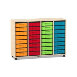 Flexeo� Regal Ahorn honig, 4 Reihen, 32 kleine Boxen, bunt, Rollen