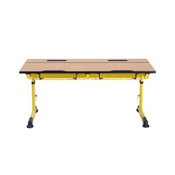 Aluflex Zweier-Sch�lertisch, h�henverstellbar 64-82 cm, Stahlfarbe zinkgelb, mit Drahtkorbablage, Filzgleiter, 9-18+ Jahre