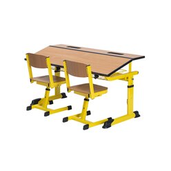 Aluflex Zweier-Sch�lertisch, h�henverstellbar 64-82 cm, Stahlfarbe zinkgelb, mit Drahtkorbablage, Filzgleiter, 9-18+ Jahre