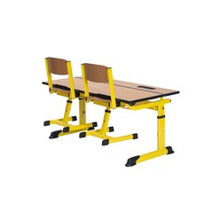 Aluflex Zweier-Sch�lertisch, h�henverstellbar 64-82 cm, Stahlfarbe zinkgelb, mit Drahtkorbablage, Filzgleiter, 9-18+ Jahre