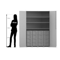 Flexeo� Garagenschrank, Buche hell, HxBxT: 190 x 126,4 x 60 cm, 16 gro�e Boxen bunt, Bogengriff mit Schloss