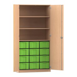 Flexeo Hochschrank Buche hell mit 3 gro�en F�chern, 12 gro�en Boxen gr�n, Bogengriff mit Schloss, Tiefe: 50 cm