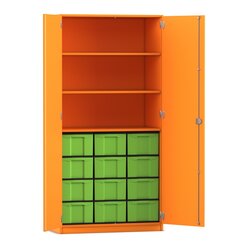 Flexeo Hochschrank Orange mit 3 gro�en F�chern, 12 gro�en Boxen gr�n, T�ren, Bogengriff mit Schloss, 50cm tief