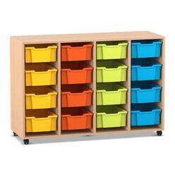 Flexeo Regal PRO, Buche hell, 4 Reihen, 16 gro�e Boxen bunt A, HxBxT: 99,1 x 143,9 x 48 cm, Sockel