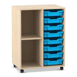 Flexeo Regal PRO mit 2 Reihen, 2 F�chern und 8 kleinen Boxen Hellblau, Dekor Ahorn-Honig, mit Rollen