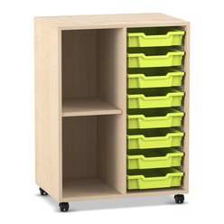 Flexeo Regal PRO mit 2 Reihen, 2 F�chern und 8 kleinen Boxen Hellgr�n, Dekor Ahorn-Honig, mit Rollen