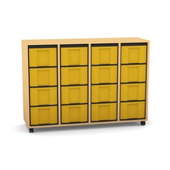 Flexeo Regal mit 4 Reihen, Dekor Buche hell, Stellf��e, 16 hohe Schubladen gelb, HxBxT: 92,3 x 130,7 x 40,8 cm