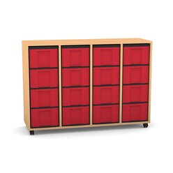 Flexeo Regal mit 4 Reihen, Dekor Buche hell, Stellf��e, 16 hohe Schubladen rot, HxBxT: 92,3 x 130,7 x 40,8 cm