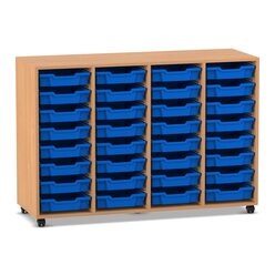 Flexeo� Regal PRO, Buche dunkel, HxBxT: 99.1 x 143.9 x 48 cm, 4 Reihen, 32 kleine Boxen dunkelblau, Rollen