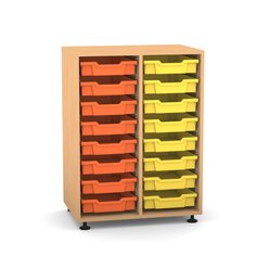Flexeo Regal PRO mit 2 Reihen und 16 kleinen Boxen Dekor Buche hell, Stellf��e, Boxen orange gelb