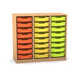 Flexeo Regal PRO mit 3 Reihen und 24 kleinen Boxen Dekor Buche hell, Sockel, Boxen orange gelb gr�n