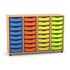 Flexeo Regal PRO, Buche hell, HxBxT: 99.1 x 143.9 x 48 cm, mit 4 Reihen, Rollen, inkl. 32 kleine Boxen bunt A