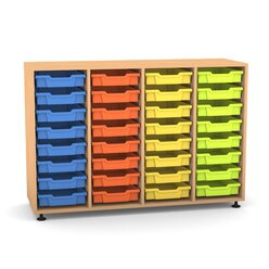 Flexeo Regal PRO, HxBxT: 99.1 x 143.9 x 48 cm, mit 4 Reihen und 32 kleinen Boxen Dekor Buche hell, Stellf��e, Boxen orange gelb gr�n hellblau