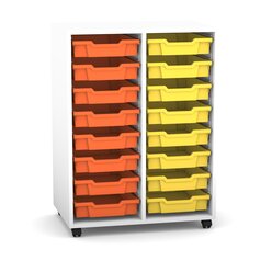 Flexeo Regal PRO mit 2 Reihen, Rollen, inkl. 16 kleine Boxen orange/gelb, Dekor: wei�