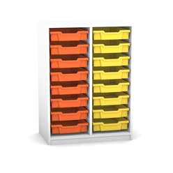 Flexeo Regal PRO mit 2 Reihen und 16 kleinen Boxen Dekor wei�, Sockel, Boxen orange gelb