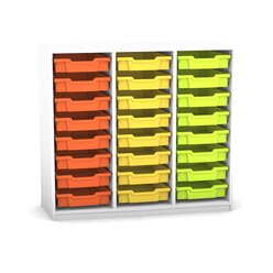 Flexeo Regal PRO mit 3 Reihen und 24 kleinen Boxen Dekor wei�, Sockel, Boxen orange gelb gr�n