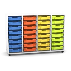 Flexeo Regal PRO wei�, HxBxT: 99.1 x 143.9 x 48 cm, mit 4 Reihen, Rollen, inkl. 32 kleinen Boxen bunt A
