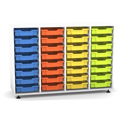 Flexeo Regal PRO, Dekor wei�, HxBxT: 99.1 x 143.9 x 48 cm, 4 Reihen, 32 kleine Boxen bunt, Stellf��e