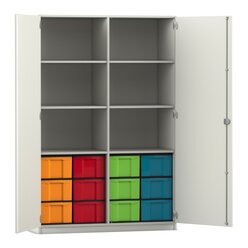 Flexeo Hochschrank mit 6 F�chern, Dekor wei�, HxBxT: 190x126,4x50 cm, 12 gro�en Boxen bunt, Bogengriff mit Schloss