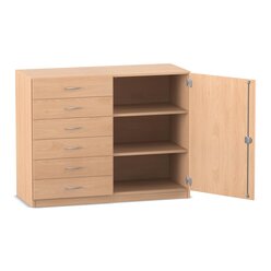 Flexeo Schrank mit 6 kleinen Schubladen, 3 F�chern und 1 T�r, Ahorn honig, 99,1 x 126,4 x 60 cm, Bogengriff mit Schloss
