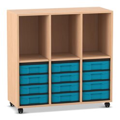 Flexeo Regal Buche hell, 3 Reihen, 12 kleine Boxen blau, 3 F�cher oben, Stellf��e