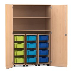 Flexeo� Garagenschrank PRO, Buche hell, HxBxT: 190 x 126,4 x 60 cm, 3 Rollcontainer, 12 Boxen bunt B, Dreholive