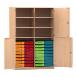 Flexeo� Halbt�renschrank, Buche hell, Bogengriff mit Schloss, 32 kleinen Boxen bunt, Tiefe 50 cm