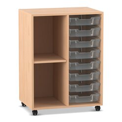 Flexeo Regal PRO mit 2 Reihen, 2 F�chern und 8 kleinen Boxen transparent, Buche hell, mit Rollen