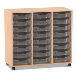 Flexeo Regal PRO mit 3 Reihen und 24 kleinen Boxen transparent, Buche hell mit Rollen