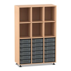 Flexeo� Regal mit 3 Reihen, 6 F�chern und 18 kleinen transparenten Boxen unten, Sockel