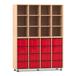 Flexeo Regal mit 4 Reihen, Buche hell, Sockel, inkl. 16 gro�e Boxen rot unten