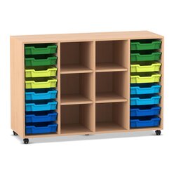 Flexeo� Regal PRO Buche hell 99,1 x 143,9 x 48 cm, 4 Reihen, 6 F�cher, 16 Boxen blau-gr�n, Rollen