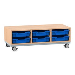 Flexeo� Regal Pro mit Stahlrahmen, Buche hell, 3 Reihen, 6 kleine Boxen blau HxBxT: 36,5x108,5x48 cm