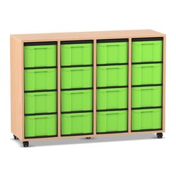 Flexeo Regal mit 4 Reihen, Dekor Buche hell, Rollen, 16 hohe Schubladen gr�n, HxBxT: 92,3 x 130,7 x 40,8 cm